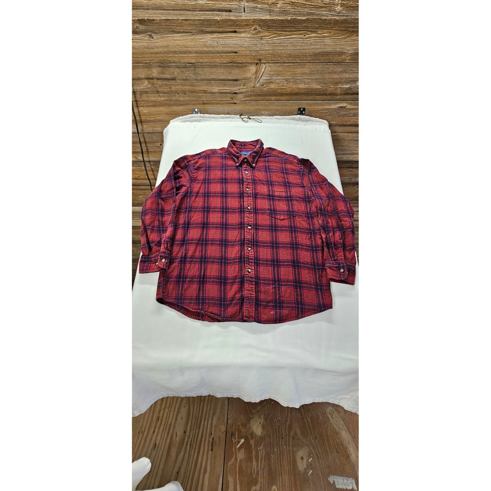 Towncraft Mens Red Plaid Flannel Button Down Shirt Long Sleeve Cotton Large